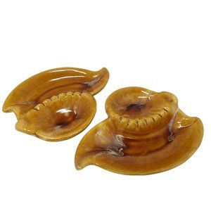 Vintage Pair of Uniquely Shaped MCM Marcia Pottery Harvest Gold & Brown Ashtrays